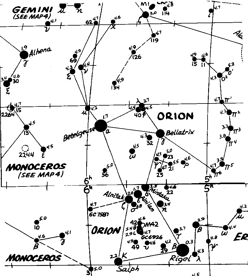 Orion Constellation Map. From Edmund Mag 5 Star Atlas. Copyright 1974 by Edumnd Scientific Corp.