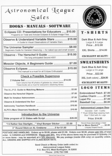 Astronomical League Sales, PO Box 572, West Burlington, IA 52655